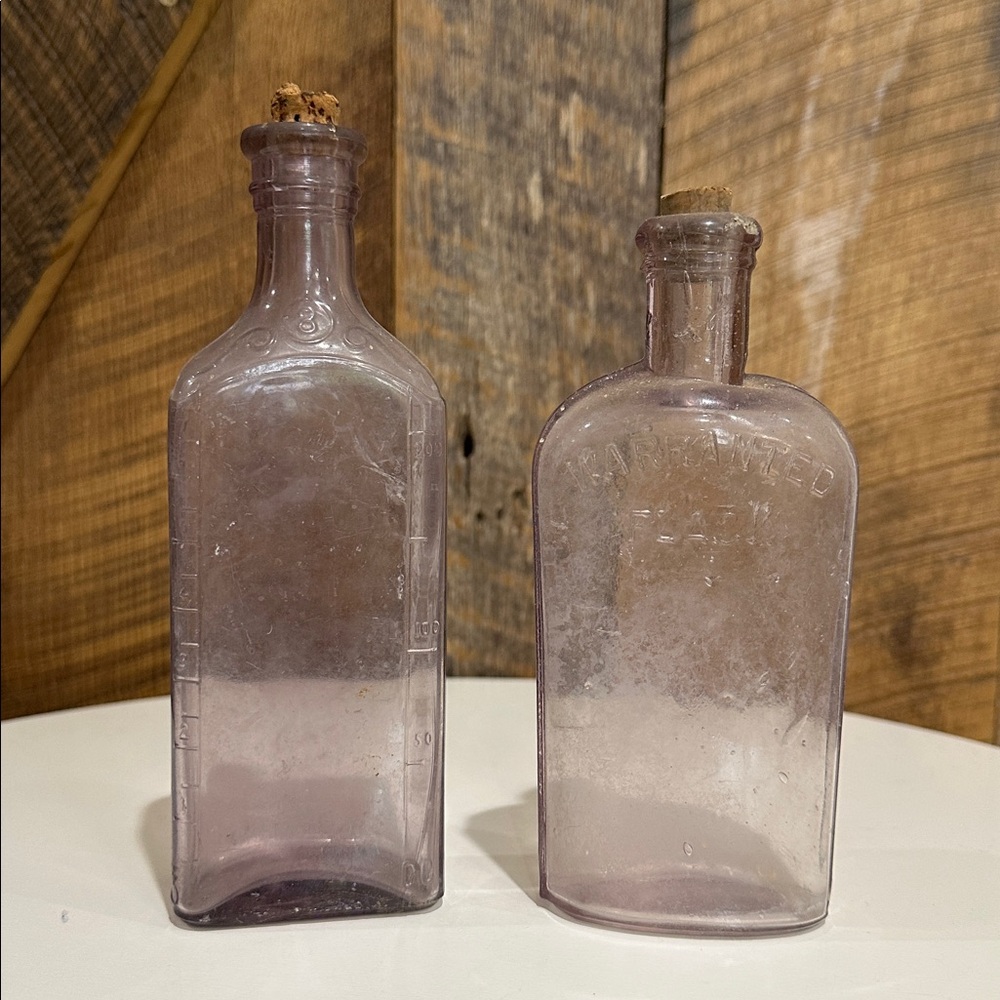 Vintage Antique Purple Medicine Liquor Glass Bottles~Warranted Flask